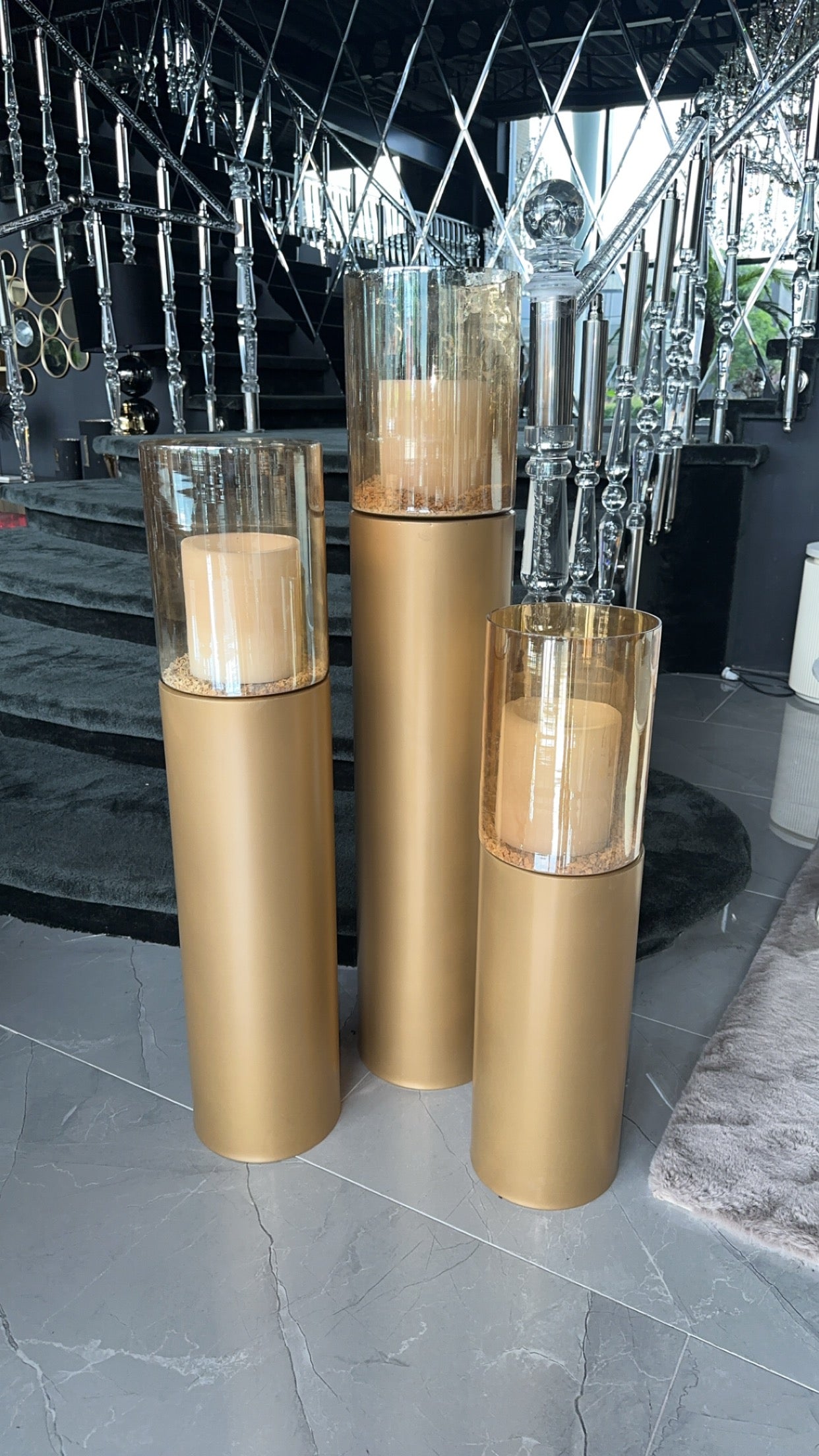 Luxe windlicht/kandelaar set van 3 mat goud