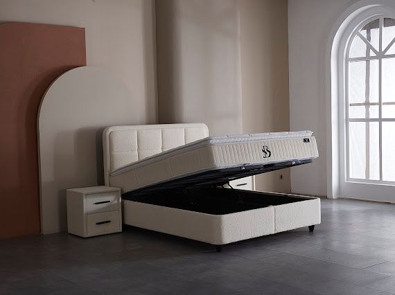 Boxspring Sia met Opbergruimte – Teddy Bouclé Crème